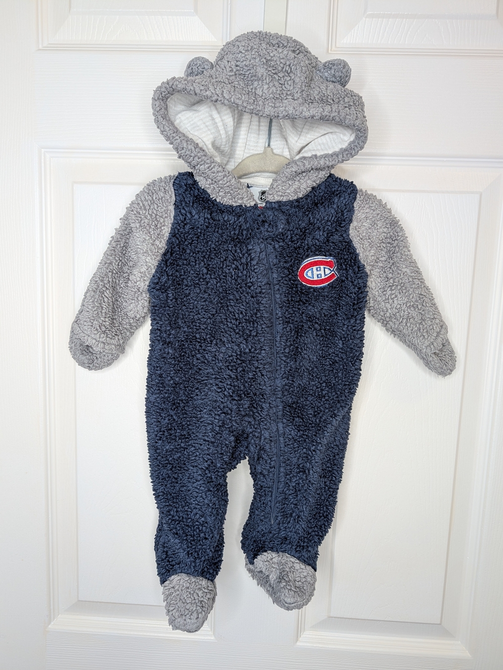 NHL Montreal Canadiens Fleece Baby Footie Onesie Hood With Ears Navy Grey 0-3M